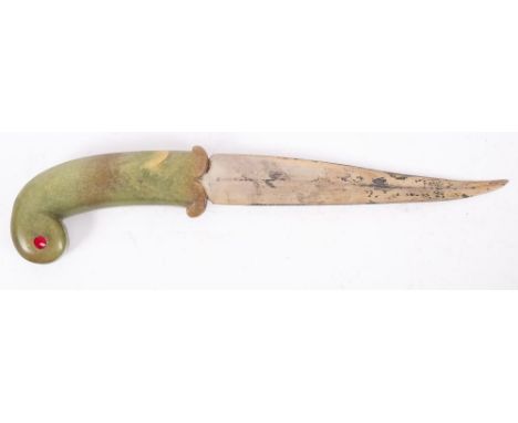 An Indo -Persian jade handled Pesh Kabz, the slightly curved single edge blade  over a one piece  jade grip, inset coloured  