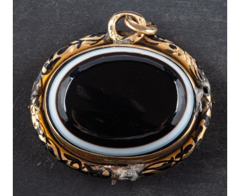 A sardonyx, black enamel and hairwork mourning pendant, the sardonyx to front with black enamel surround, to verso a glazed c