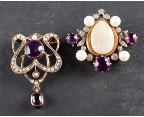 Two amethyst brooches, including an Art Nouveau seed pearl brooch/ pendant, stamped '9CT', length ca. 3.3cm; and an opal doub