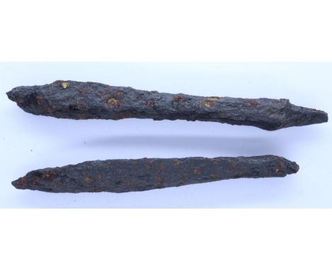 Two Medieval iron crossbow belts, L: 75 mm. P&amp;P Group 0 (£5+VAT for the first lot and £1+VAT for subsequent lots) 