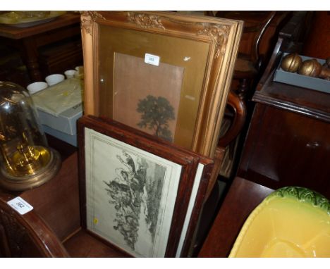 A set of four black and white humorous hunting prints; and two gilt framed prints after Robson