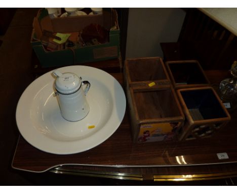 A dry laundry box; together with two glass and wooden boxes; and an enamel bowl and pot 