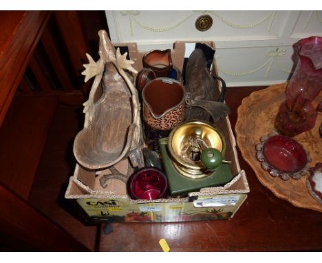 A box containing a coffee grinder and various sundries 