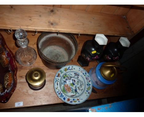 A glass decanter and stopper; a pair of rose decorated vases; a brass container and lid; and a Victorian stoneware   soup pla