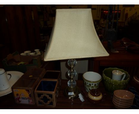 A glass and brass table lamp and shade 