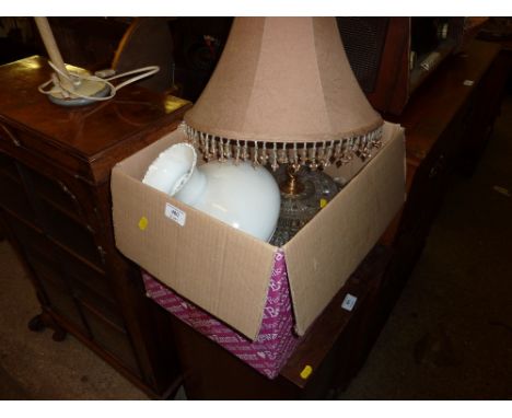A glass and brass light fitting, a milk glass shade, and a lampshade 