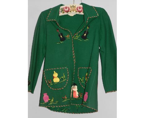 A 1950s Mexican rockabilly women's  jacket, green barathea with patch pockets and applied Mexican imagery, with La Mexicana r