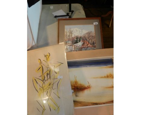 F Baxter, winter landscape, watercolour on paper, together with a G.Marler, two birds by sea, watercolour on paper and a lith