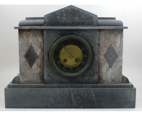A late Victorian slate and marble architectural mantle clock, set Roman brass dial with eight day cylinder movement, chiming 