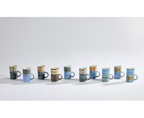 Troika   Ten mugs, circa 1970-80  Glazed ceramic  Manufacturer's marks and decorators marks for Linda Hazel, Alison Brigden, 