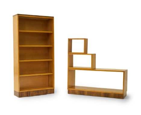 Art Deco   Bookcase and matching modular bookcase, circa 1930  Maple, figured walnut  Bookcase : 154cm high, 76cm wide, 25.5c