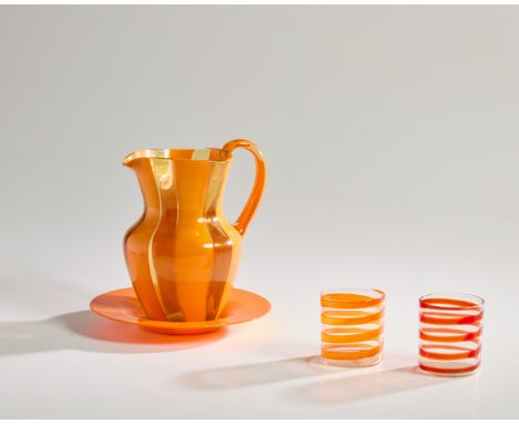 Venini Carafe and dish, with two tumblers, circa 1960  Pitcher inscribed 'Venini Italia'  Fasce glass, spirale glass  Pitcher