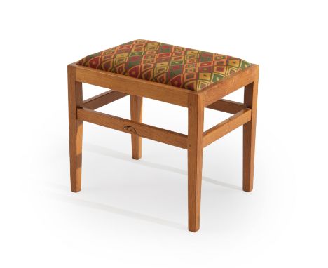 Attributed to Robert 'Mouseman' Thompson   Stool, circa 1950  Oak, fabric upholstered seat  45cm high, 48cm wide, 25cm deep  