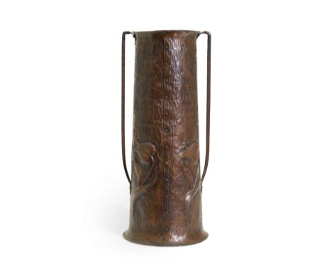 Arts & Crafts   Umbrella / stick stand, circa 1900  Floral repousse work and hammered copper, wrought iron handles   58cm hig