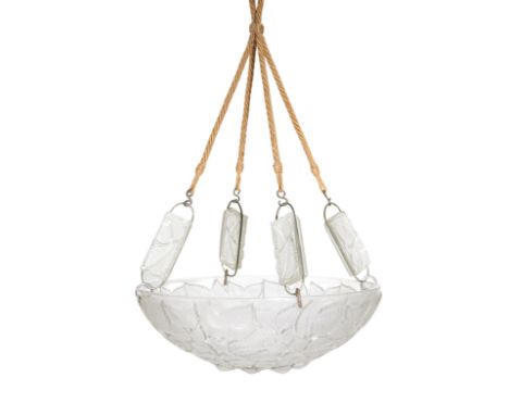 René Lalique (1860-1945) 'Charmes No.2458', plafonnier, designed 1924  Clear and frosted glass, fabric cords  Moulded R. Lali