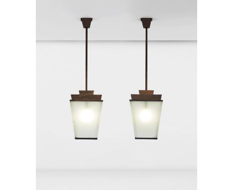 Fontana Arte   Pair of monumental lanterns, circa 1940  Glass, painted steel, steel  231cm high, 60.5cm wide, 27cm deep  (VAT