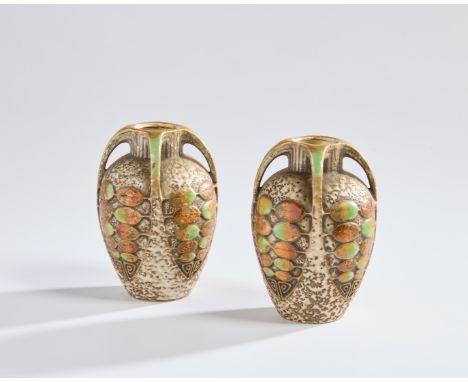 Paul Dachsel for Ernst Wahliss Co.&nbsp;Pair of urn shaped vases, circa 1910&nbsp;Glazed ceramic&nbsp;Each impressed '9505' t