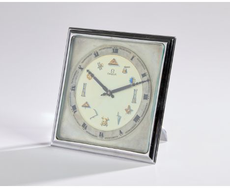 Omega   Art Deco table clock, with later hand painted masonic dial, early 20th Century  Silver plated metal, enameled dial  M