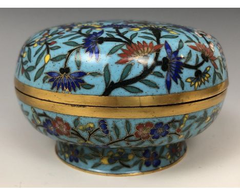 A Chinese cloisonné bowl and cover, decorated butterflies, foliage and prunus, 9.5 cm diameterSlight loss of enamel to the un