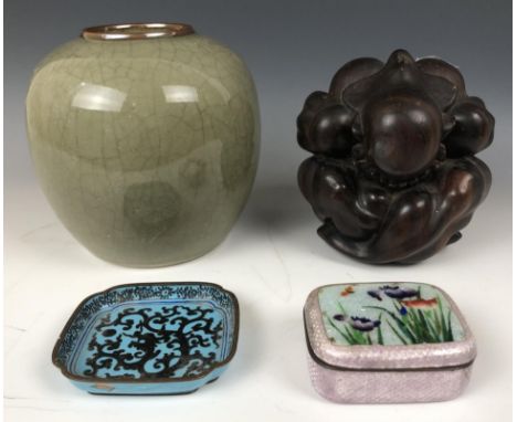 A Chinese celadon ground crackle glaze vase, 15.5 cm high, an enamel pin dish, an enamel box, and a carved figure of a man (4