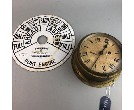 SHIPS CLOCK BY WHYTE THOMSON OF GLASGOW, contained in a brass and bevelled glass case, 17cm diameter, along with an enamel di