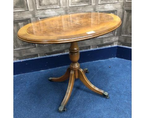 MAHOGANY REPRODUCTION OCCASIONAL TABLE, on castors, 55cm high, 65cm wide, along with a mahogany pie crust wine table on tripo