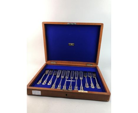 SET OF SIX PLATED FISH KNIVES AND FORKS, in a fitted wood case, along with a miniature engraving by R Williamson, and a pair 