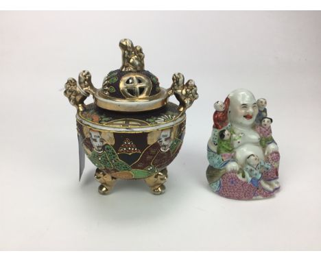 JAPANESE SATSUMA KORO, 16cm high, along with a Buddha and Japanese half tea service