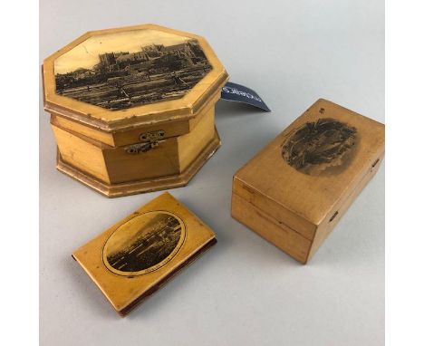 MAUCHLINE OCTAGONAL BOBBIN BOX, Ripon Cathedral to the lid, 13cm wide, along with another rectangular sewing box and a needle