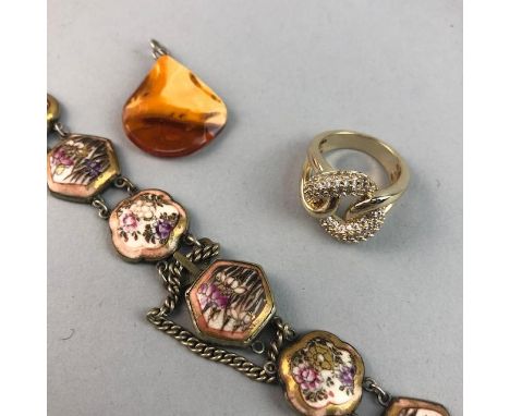 JAPANESE SATSUMA BRACELET, the panels painted with flowers, along with silver cufflinks, amber pendant and other jewellery