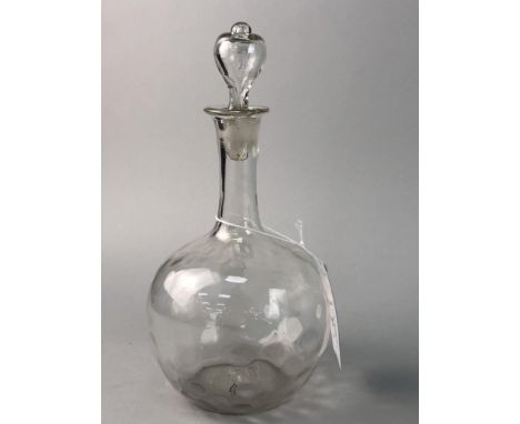 VICTORIAN GLASS DECANTER AND STOPPER, with Mary Gregory style enamel decoration, 24cm high, along with a crystal bell shaped 