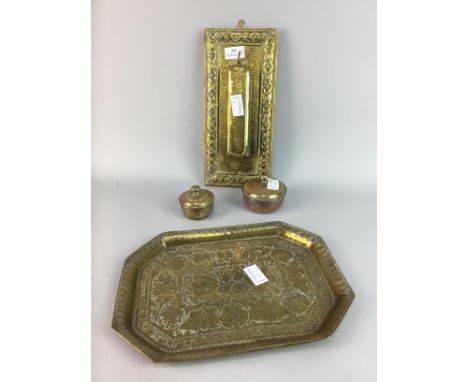 TWO ENAMELLED BRASS TRINKET BOXES, along with a collection of brass ware including shoe brush with wallmount, shoe horn, cand