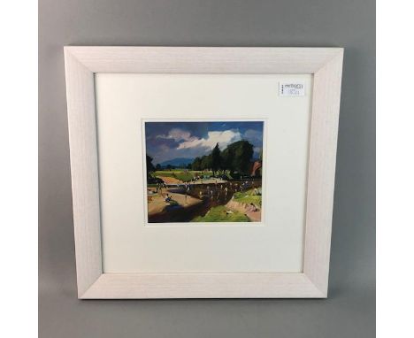 TWO PRAMED JOLOMO PRINTS, each depicting landscape scenes, 19.5cm x 19.5cm, framed and under glass, along with a Cunningham p