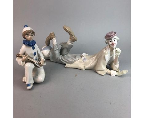 LLADRO FIGURE OF A CLOWN, modelled lying down, 38cm long, along with a Casades figure of a boy playing a mandolin, 19cm high 