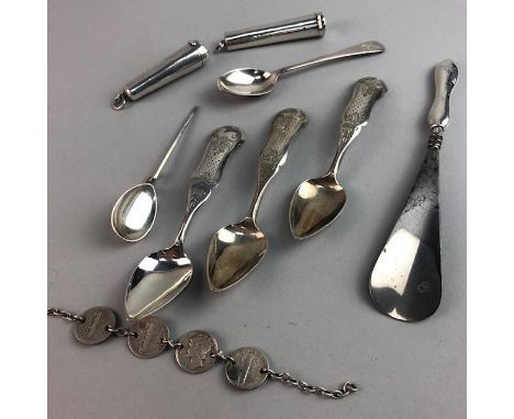 THREE DUTCH SILVER SPOONS, with marks to reverse, along with silver and other items including two silver cigar holders, butto