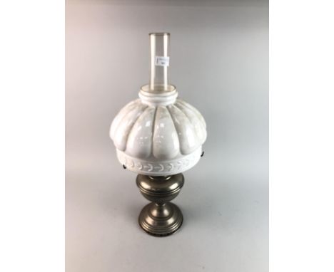 PAIR OF OPAQUE GREEN GLASS LUSTRES, 27cm high, along with a paraffin lamp