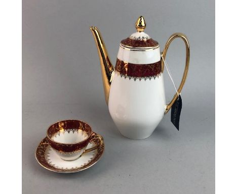 LIMOGES PART COFFEE SERVICE, with red and gilt decoration, comprising tea pot, cups, saucers, cream and sugar, along with a g