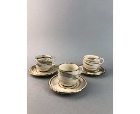 SET OF SIX GREEK COFFEE CUPS AND SAUCERS, each with 24K gold painted decoration, along with a biscuit barrell, trinket dish a