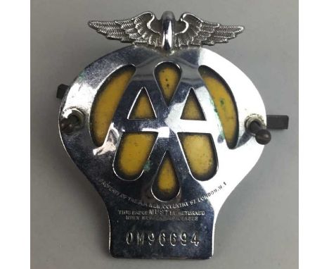 VINTAGE AA CAR BADGE, along with a silver plated vesta case, folding spectacles and a silver plated lighter