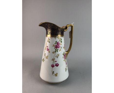 LATE 19TH CENTURY EWER AND BASIN BY W.A. ADDERLEY &amp; CO, Crete pattern, with floral and gilt decoration, the ewer 34.5cm h