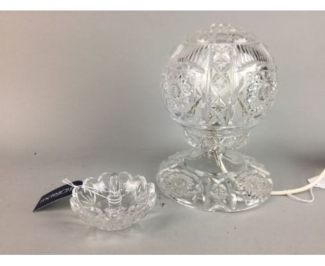 CRYSTAL LAMP, with dome shade, 23cm high, along with a Marquis Waterford Crystal pin dish and a Dartington Crystal ruby foote