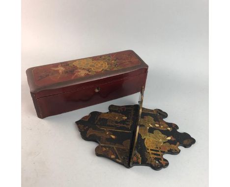 EARLY 20TH CENTURY JAPANESE LACQUERED BOX, with gilt floral and bird motif decoration to the hinged lid, 30cm wide, along wit