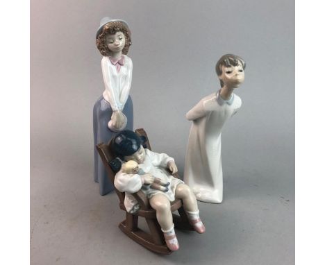 LLADRO FIGURE OF A GIRL IN A ROCKING CHAIR, modelled asleep with doll, 12cm high, along with a Lladro figure of a child and a