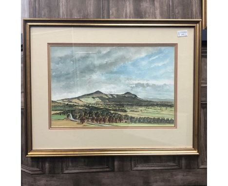 ERIC MALLEY, PANORMAIC LANDSCAPE, watercolour, mounted, framed and under glass, along with a golfing print, signed Waugh and 