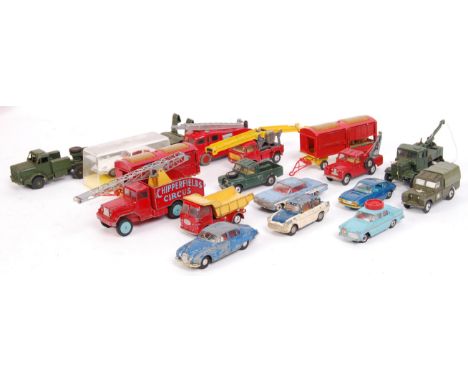 A good collection of assorted loose Corgi &amp; Dinky diecast model cars. To include; boxed 131 E Type Jaguar, Chipperfields 