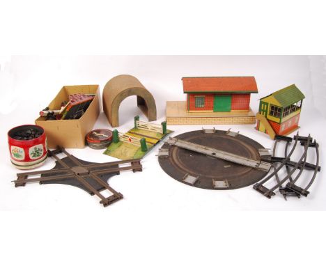 A large collection of assorted vintage Hornby Series 0 gauge trackside items and related. Comprising; a quantity of track (so
