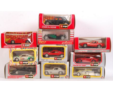 A collection of 10x Burago 1:24 scale precision diecast model cars. Some Racing interest. All models appear mint, some boxes 