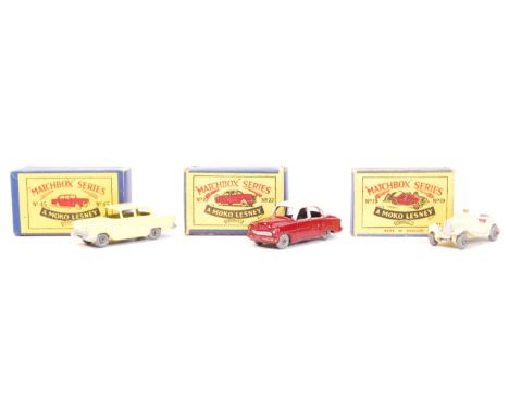 A collection of 3x vintage Matchbox Moko Lesney diecast models. Comprising of; No. 22 Vauxhall Cresta (two tone red and cream