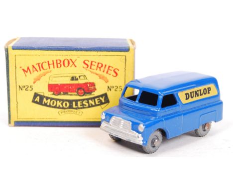 An original vintage rare Matchbox Moko Lesney boxed diecast model No. 25 ' Bedford CA Dunlop '. Blue, with grey metal wheels.