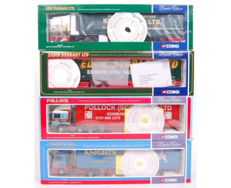 Four 1:50 scale Corgi diecast model lorries with various company liveries to include; CC13403 Ken Thomas Ltd MAN TGA Curtains